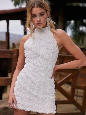 12th Tribe Maya White Floral Appliqué Halter Mini Dress